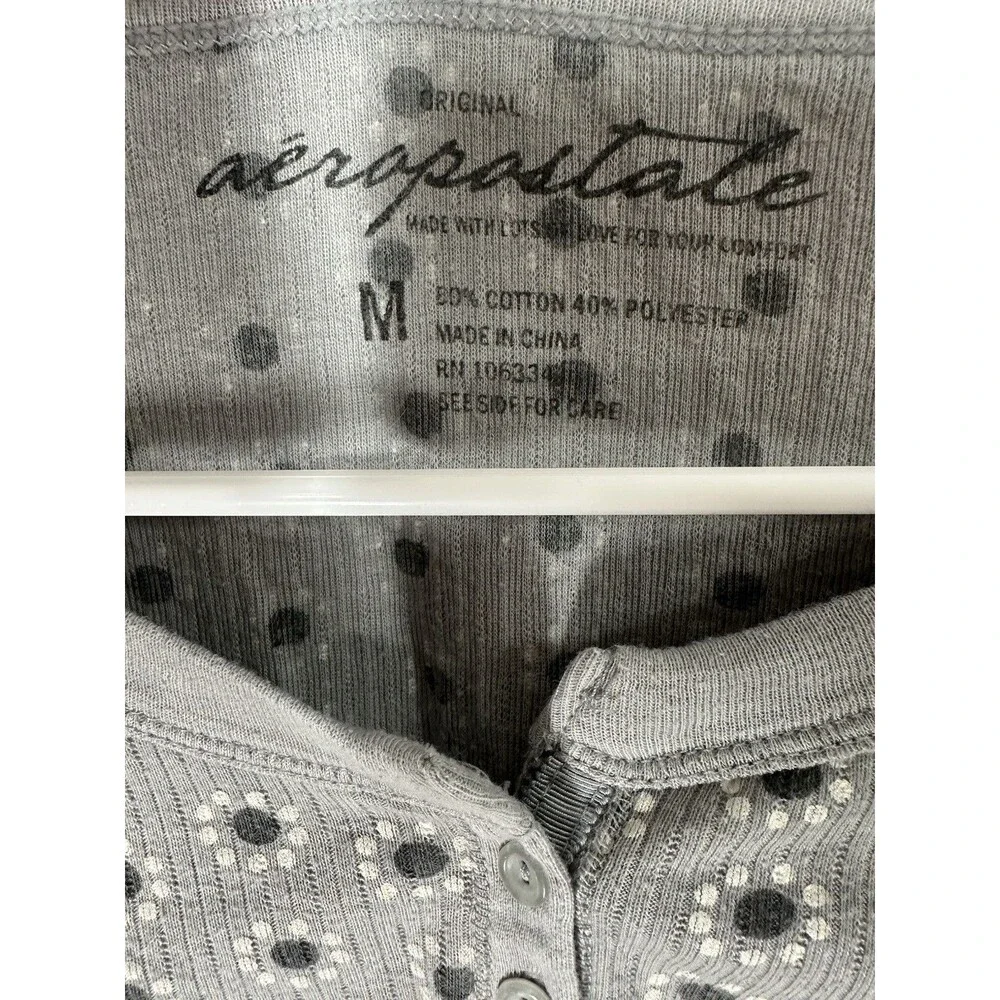 Aeropostale Ribbed Henley Top Gray Dot Y2K Fitted Long Sleeve M - Picture 3 of 6